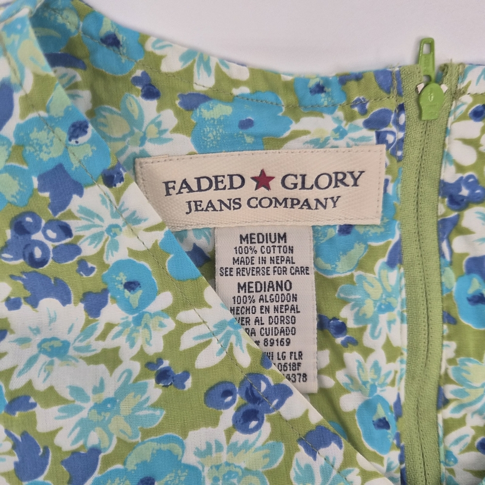Y2k Faded Glory‎ Blue Green Cotton Floral V-Neck Dress Size M - Picture 5 of 6